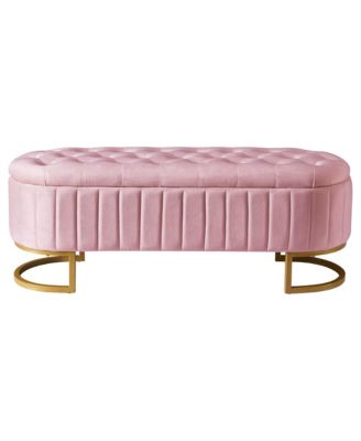 Velvet Upholstered Storage Ottoman - Button-Tufted, Golden Metal Legs, Storage Bench for Bedroom, Living Room