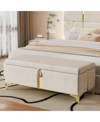 Upholstered Storage Ottoman, Modern Storage Bench with Metal Legs and Golden Striping for Living Room, Bedroom