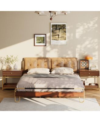 Nightstand with Drawer and Open Shelf, Sofa Side Table with Gold Metal Frame, Modern Bedside Table for Bedroom and Living Room