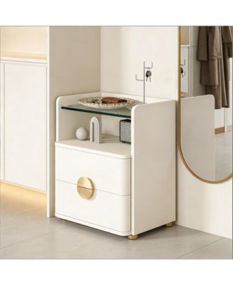 2-Drawer Nightstand, Modern Wood Bedside Table with Open Tempered Glasses Storage Space, End Table for Living Room and Bedroom