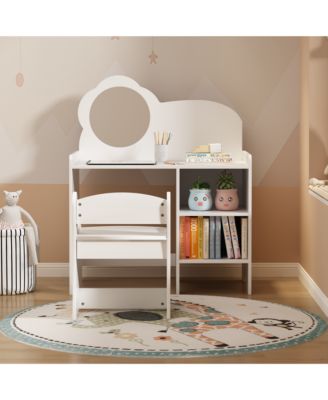 Kids Vanity Desk Set with Mirror and Chair, Wooden Dressing Table with Storage Shelves, Study and Activity Table for Girls and Boys