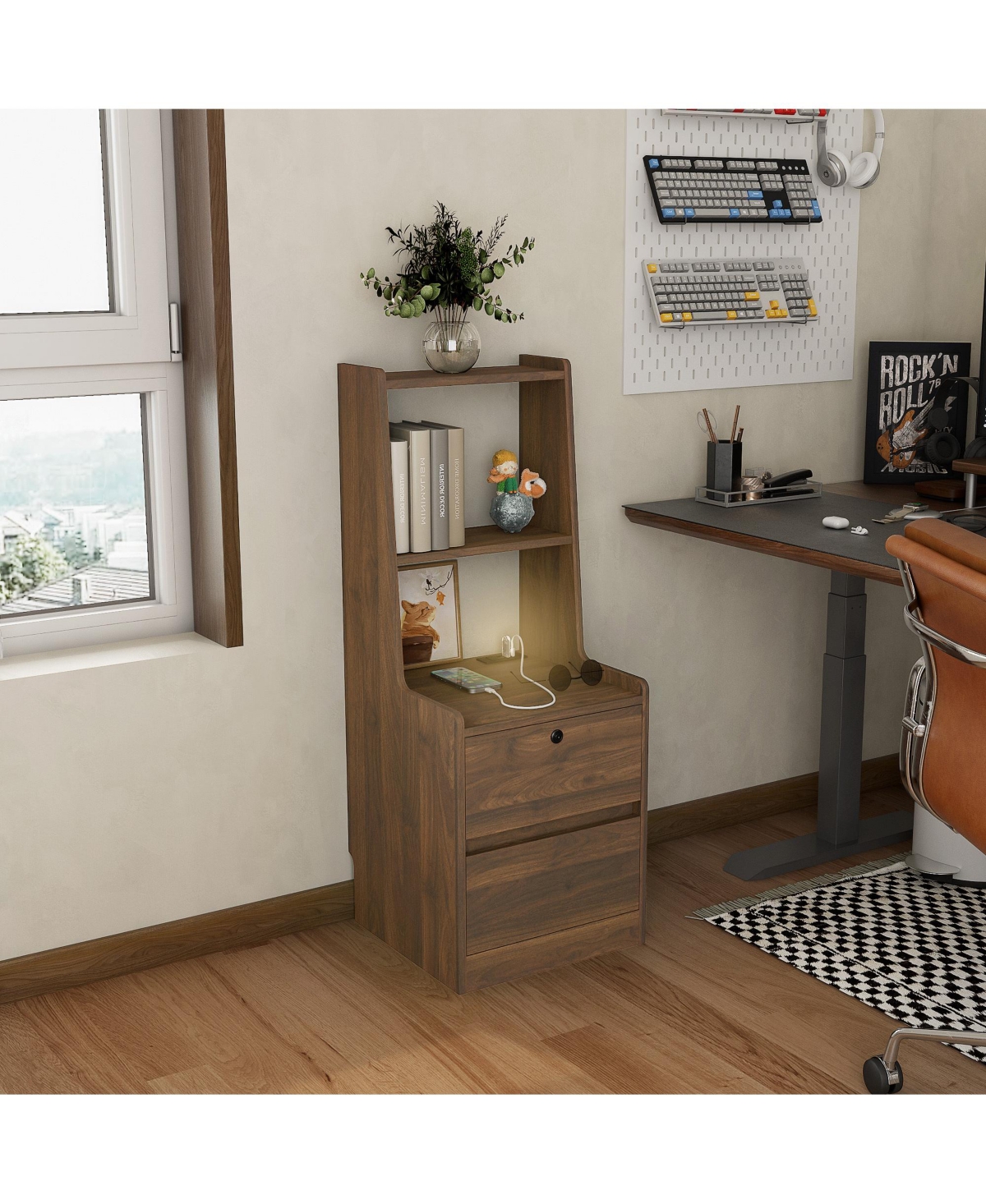 Rainsken Nightstand with Charging Station and Night Light, Lockable Bedside Cabinet Table with 2 Storage Drawers and Bookshelf for Bedroom