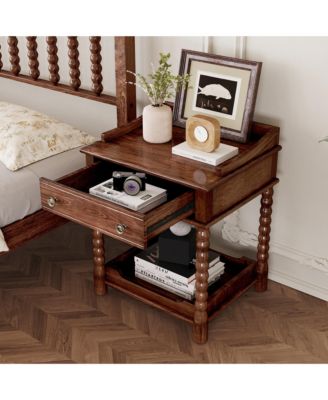Retro Style Nightstand with Drawer and Open Shelf, Wooden Bedside Table with Turned Legs and Metal Handle for Bedroom, Living Room