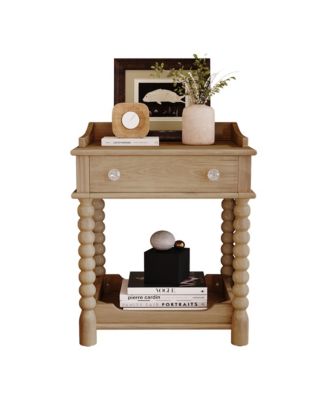 Retro Style Nightstand with Drawer and Open Shelf, Wooden Bedside Table with Turned Legs and Metal Handle for Bedroom, Living Room