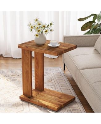 Solid Wood C-Shaped Nightstand, Minimalist Bedside Table, 2-Tier End Table for Living Room, Bedroom