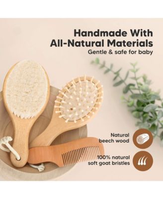 Baby Hair Brush and Comb Set Petite, Oval Wooden Baby Brush Set for Newborns, Infant, Toddler Grooming Kit