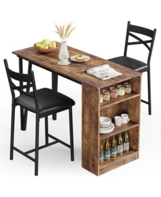 Bar Table Set of 2 with 3 Storage Shelves, Extendable Dining Table with 2 Cushioned Chairs, Small 3Pcs Counter Height Table Set for Kitchen