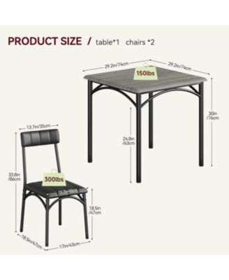 Modern Rustic Gray Square Dining Set, 29.2' L x W 30.1' H Table, 33.7' 18.4' 17' Chairs, 2 Person, Metal and MDF, Easy Assembly, Space-Saving