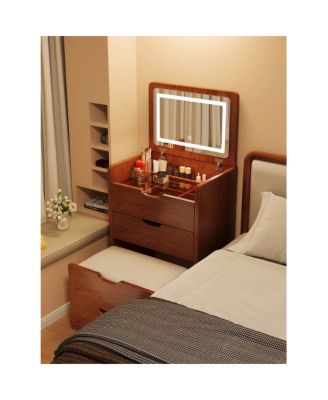 Space Saving Small Vanity Table with Basic Standard Mirror  and Cushioned Stool Makeup