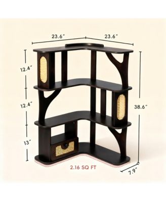Rubber Wood Corner Shelf 4-Tier Bookshelf with Drawer Rattan Display Stand
