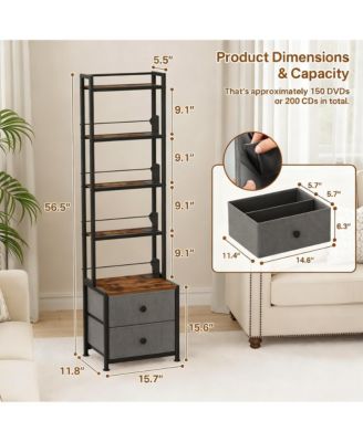 5-Tier Organizer Shelf Adjustable Book Stoppers Fabric Drawers Living Room Office