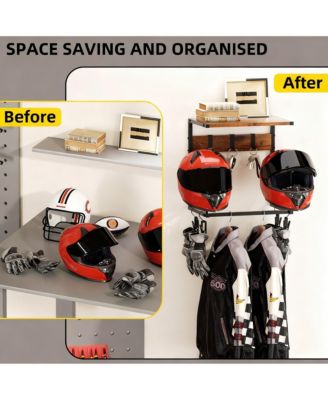 Helmet Wall Mount shelf Hat Stand Display Gear Storage Organizer Metal Wood