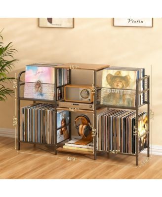 Record Player Stand Vinyl Storage 350+ Albums Power Outlets