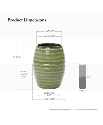 17.7" Tall Ceramic Planter Pot for Indoor Outdoor Plants with Ribbed Texture, Large Garden Plant Pots with Drainage Hole, Green