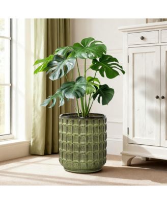 14" Tall Ceramic Planter Pot for Indoor Outdoor Plants with Geometric Texture, Large Garden Plant Pots with Drainage Hole, Green