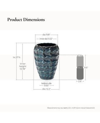 14" Tall Ceramic Planter Pot for Indoor Outdoor Plants with Geometric Texture, Large Garden Plant Pots with Drainage Hole, Blue