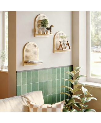Rattan Wall Shelf Set of 3 7" Wicker Decor Boho Floating Shelves Plant Display