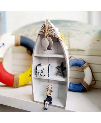 Wooden Boat Shelf 16.5" Display Fish Net Starfish Seashell Nautical Beach Decor