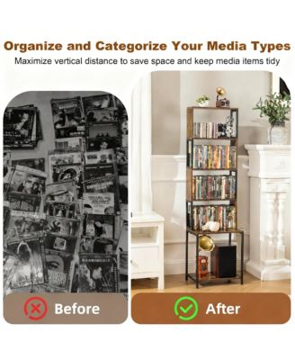 DVD Shelf Wooden CD Storage Rack Adjustable Dividers Tower Media Holder