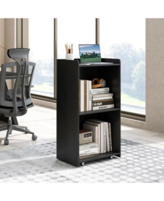 Rolling Podium Stand with 2 Shelves and Lockable Wheels