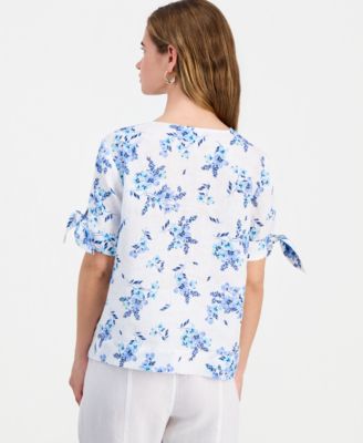Petite Linen Shannons Garden Tie-Sleeve Top