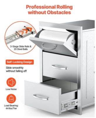 Stainless Steel Triple Access Outdoor Kitchen Drawers 16.5 x 29 x 20.5 in, Flush Mount BBQ Island