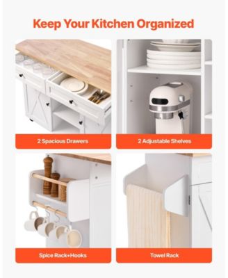 52 in Rolling Kitchen Island Cart with Solid Wood Top and Storage Cabinet, Drop Leaf