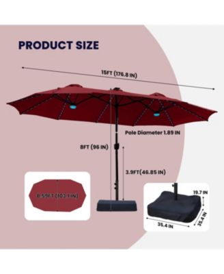 15ft Double-Sided Solar RGB LED Patio Umbrella with Base, Dual Charging