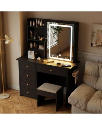 Vanity Desk with Sliding Mirror, LED Lights, Charging Station