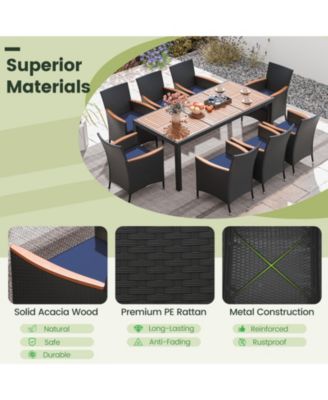 Set of 9 Outdoor Dining Set w/ Acacia Wood Tabletop and Umbrella Hole and Seat Cushions