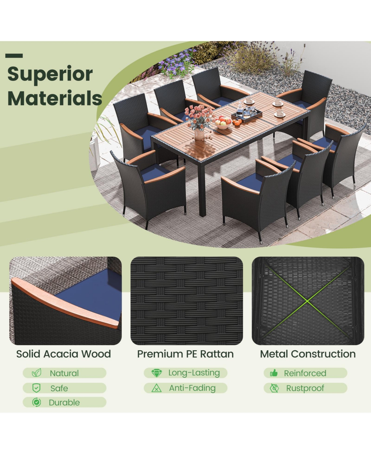 Gymax Set of 9 Outdoor Dining Set w/ Acacia Wood Tabletop and Umbrella Hole and Seat Cushions