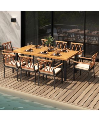 9 PCS Patio Dining Set Acacia Wood Table w/ Soft Cushions and 1.9'' Umbrella Hole