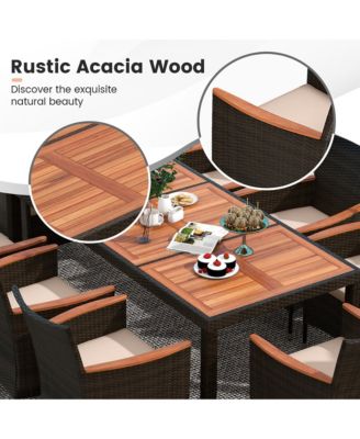 9 Piece Patio Wicker Dining Set w/ Double-Sided Patio Beige Umbrella Stackable Chairs