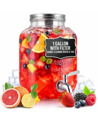 1 Gallon Glass Drink Dispenser with Spout Lid & Stainless Steel Filter