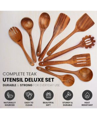 9-Piece Smooth Finish Natural Teak Wooden Utensils for Cooking