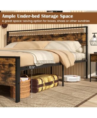 Metal Bed Frame Industrial Platform Bed with Wooden Headboard