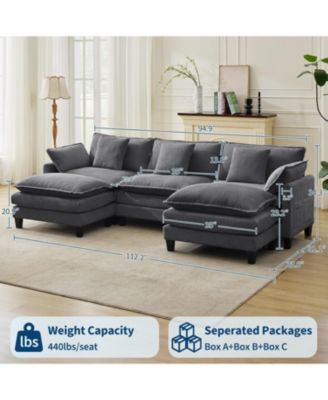 112" Modular Sectional Sofa, U-Shaped Corduroy Cloud Couch with Ottoman and Pillows, Deep Seat