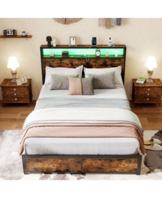 LED Bed Frame with Charging Station and 4 Storage Drawers