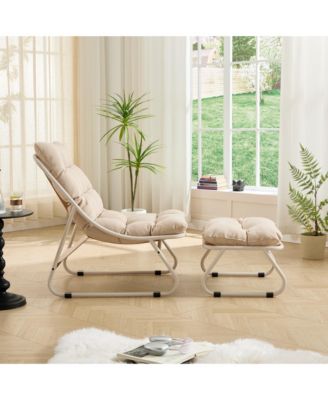 Outdoor Lounge Chair - Sling Recliner Chair with Puffy Cushion and Foot Stool for Living Room, Reading Room, Bedroom