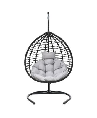 Foldable Rattan Hanging Egg Chair, Swing Hammock Chair with Sturdy Iron Frame, Soft Cushion and Detachable Headrest for Indoor Outdoor Use