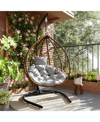 Hanging Rattan Egg Swing Chair, Foldable Hammock Chair with Iron Frame, Comfortable Cushion and Removable Headrest for Balcony