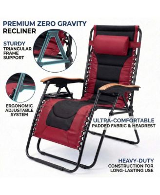 Portable Zero Gravity Foldable Lounge Chair, Outdoor Recliner with Wooden Armrests and Cup Holder, Supports 400 LBS for Patio, Beach and Lawn