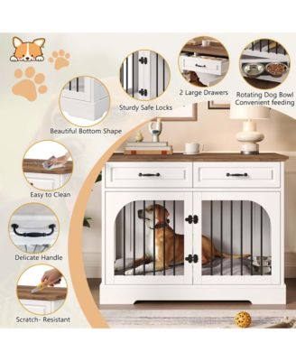 Farmhouse Dog Crate Furniture with Storage and Rotating Bowls, Metal Kennel for Large Dogs, Side Table