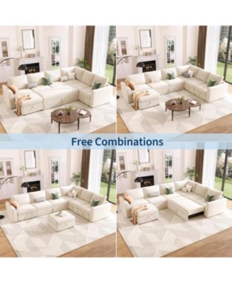 Sectional Sleeper Sofa with Pull-Out Bed, U-Shaped Chenille Modular Couch with Storage and Ottomans