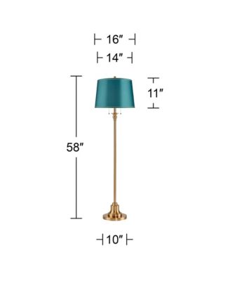 Dyna Traditional Tall 2-Light Standing Floor Lamp Pole Pull Chain Antique Brass Finish Drum Soft Teal Shade