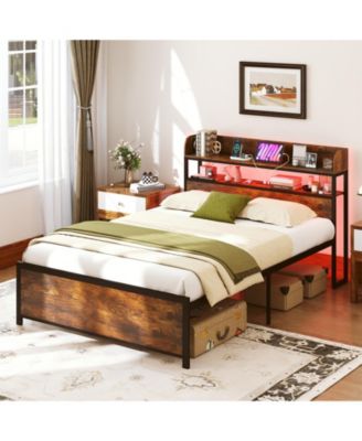 LED Bed Frame with Power Outlets and Storage Headboard