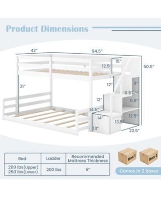 Solid Wood Twin Over Full Low Bunk Bed with Storage Stairs