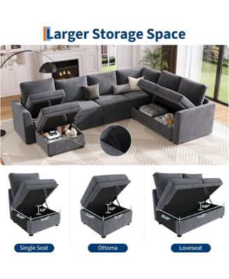 Sectional Sleeper Sofa with Pull-Out Bed, U-Shaped Chenille Modular Couch with Storage and Ottomans