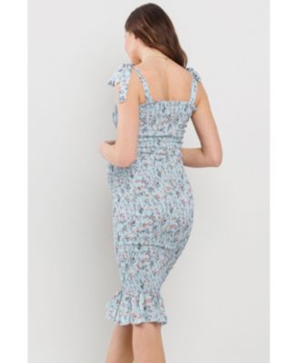 Maternity Floral Smocked Square Neck Bodycon Midi Matertnity Dress with Adjustable Tie Straps