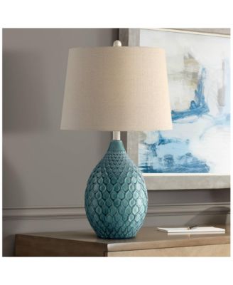 Modern Table Lamp with USB Charging Port 24 3/4" High Sea Foam Ceramic Oatmeal Drum Shade for Living Room Desk Bedroom